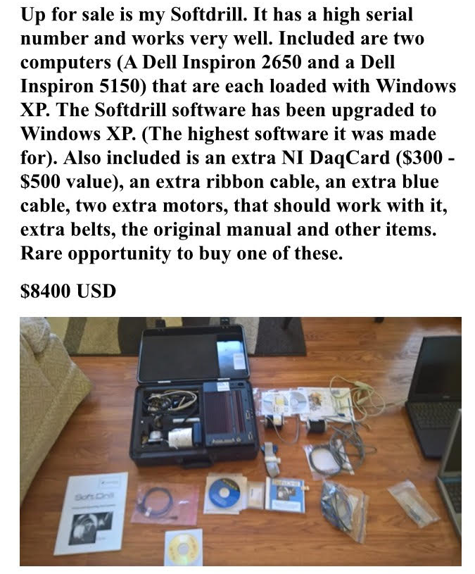 Second-hand SoftDrill kit listed for sale at $8,400 USD: carry case with control unit, motors, cables, belts, software CDs, manual and two Dell laptops