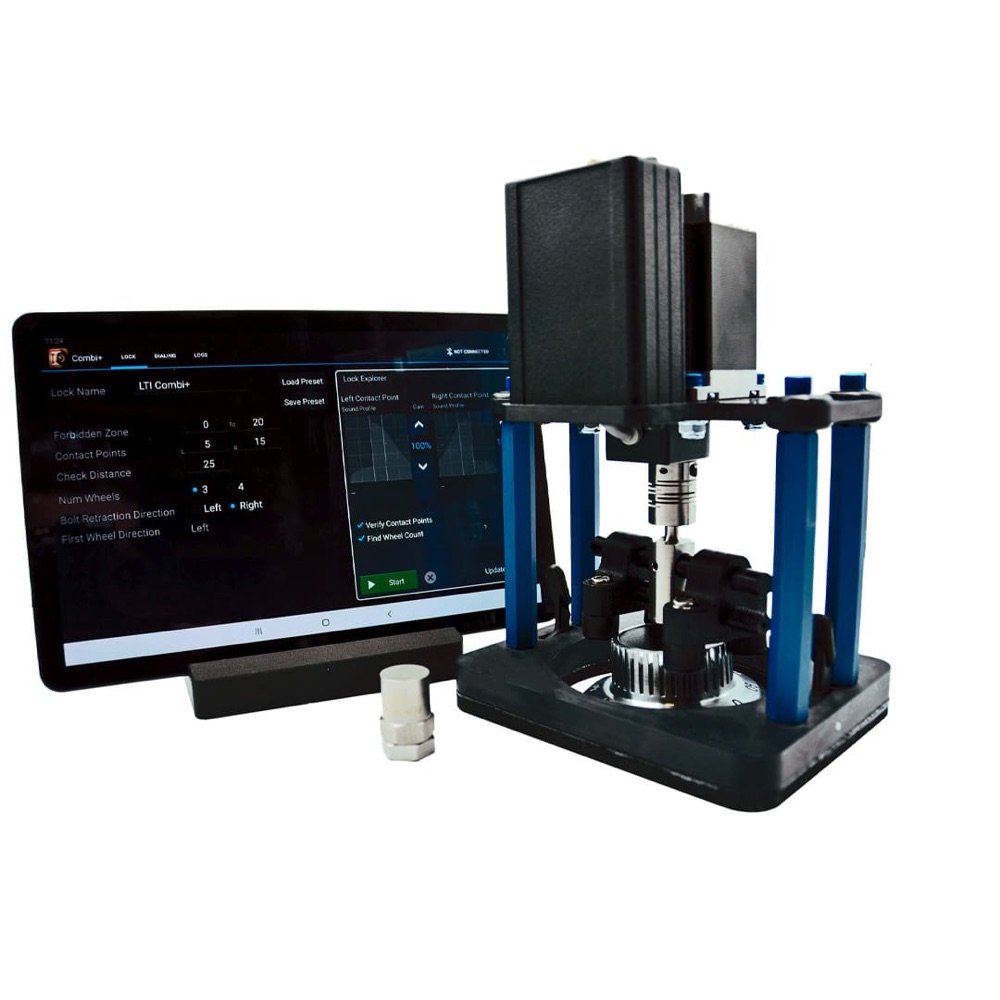 Combi+ Manipulator: motor on a four-post frame with blue supports, beside its control tablet showing the manipulation app