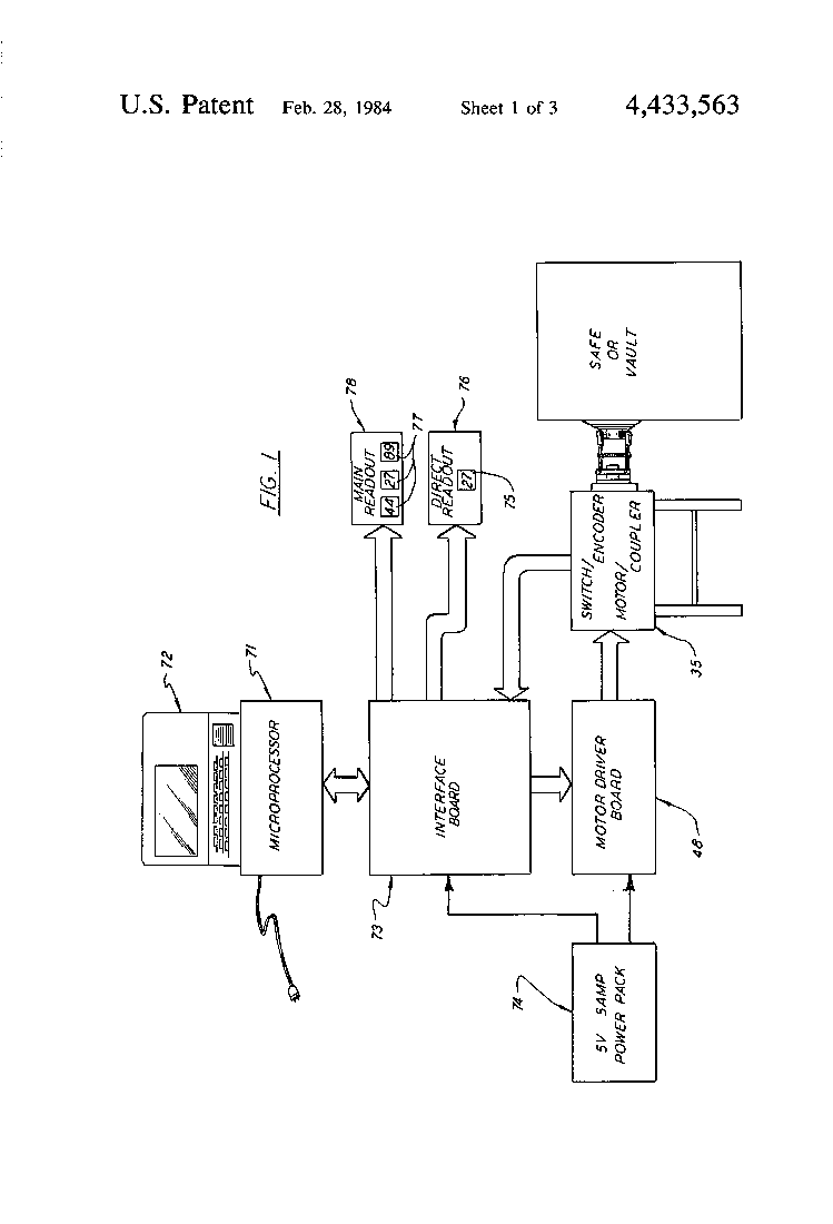 US4433563 Fig. 1 block diagram: microprocessor, interface board, motor driver and dial coupler attached to a safe