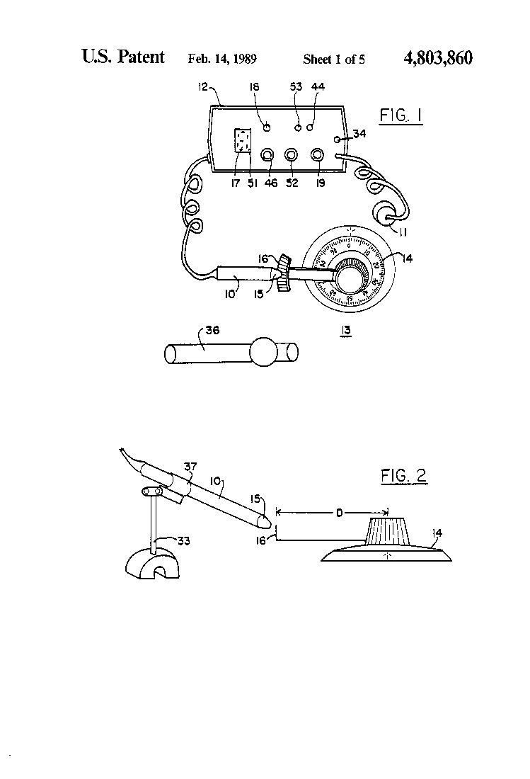 US4803860 Figs. 1 and 2: control unit with meters connected to sensors on a safe dial