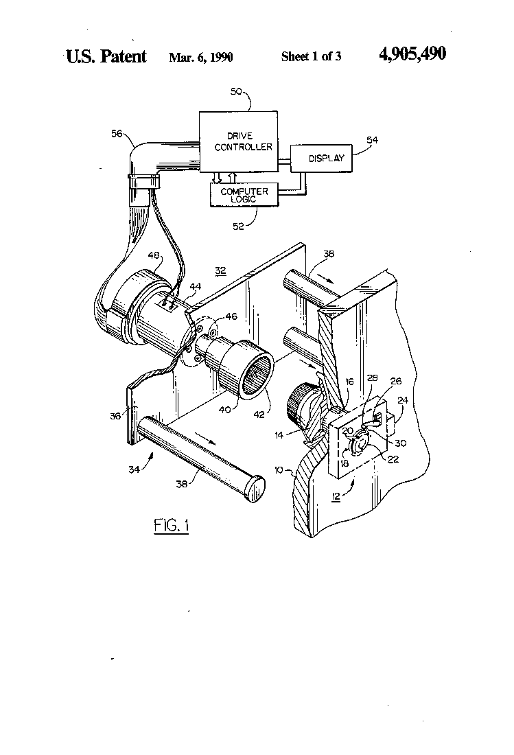 US4905490 Fig. 1: drive controller, computer logic and display connected to a motor and dial gripper on a safe door