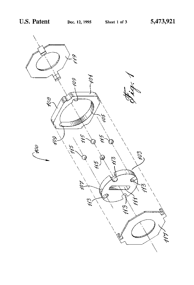 US5473921 Fig. 1 exploded view of the anti-autodialer mechanism: rings, rotating member and ball bearings