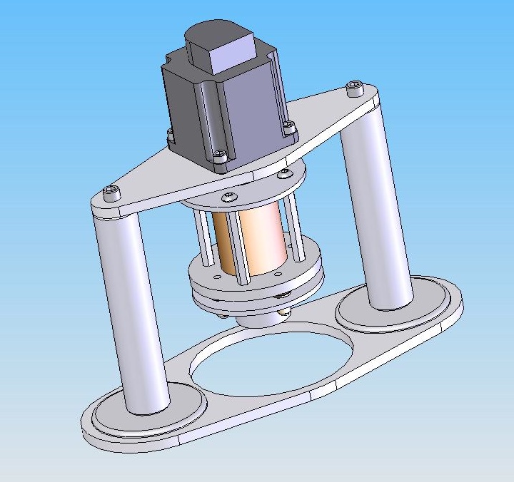 3D CAD model of the v2 robot: stepper motor on a plate supported by two magnetic columns over a ring that fits around the dial